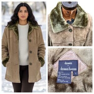 Dennis Basso Genuine Suede Fur Trim Penny Lane Coat Tan Small It Girl Afghancoat